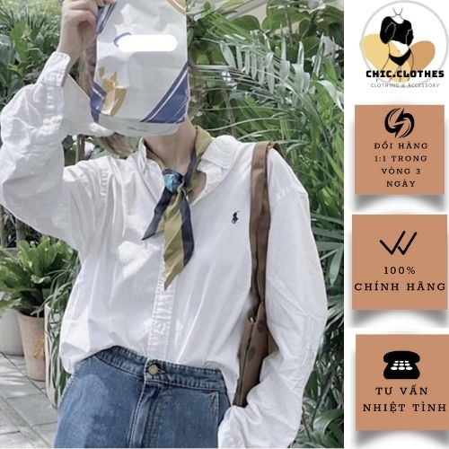 Áo sơ mi kẻ Golf thêu logo dáng rộng dài tay màu Trắng | Xanh mặc trẻ trung lịch sự công sở