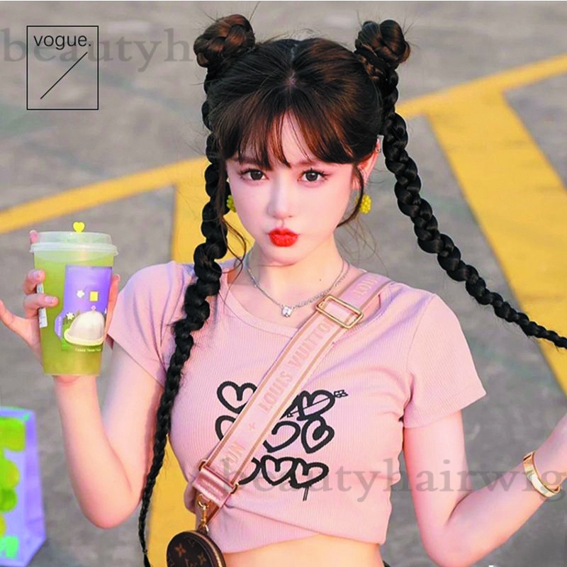 Bộ 2 Tóc Giả Thắt Bím Đuôi Ngựa Dài 70CM Màu Đen Tự Nhiên