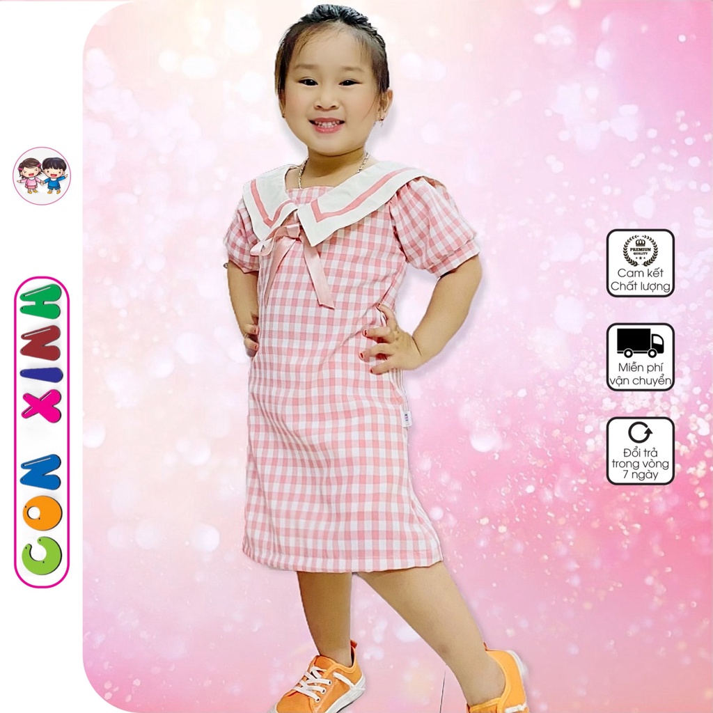 Đầm bé gái Con Xinh dáng chữ A họa tiết caro, đầm váy bé gái cổ Hải quân dành cho bé gái từ 4 đến 10 tuổi