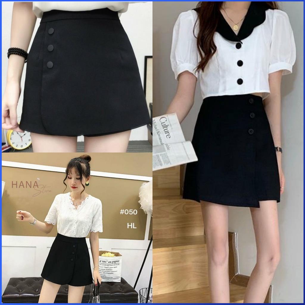 Quần Giả Váy COVAS Quần Đùi Giả Váy Cạp Cao Vạt Chéo Màu Đen Tuyết Mưa Khuy Nút Đẹp Z024