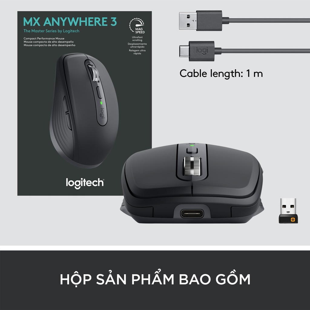 Chuột không dây bluetooth Logitech MX Anywhere 3 - Sạc nhanh USB-C, Cuộn siêu nhanh