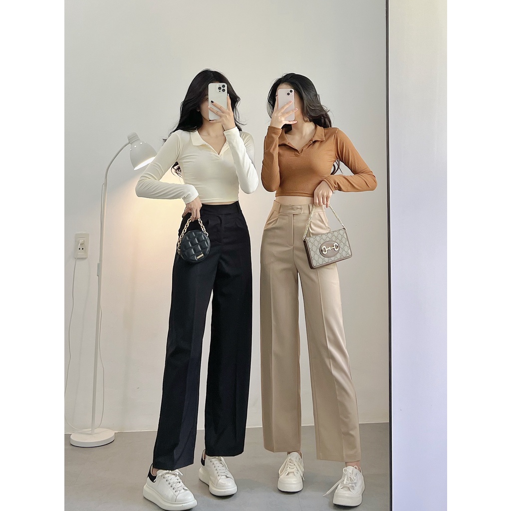 Áo croptop nữ polo basic tay dài trơn co giãn I Hhvintage