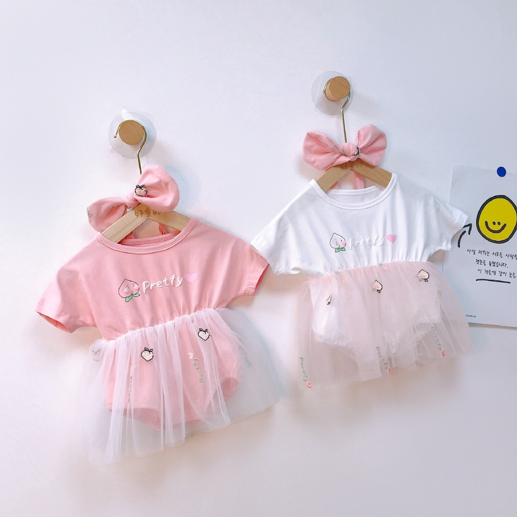 Bộ Áo Liền Quần Tulle Công Chúa Phong Cách Hàn Quốc Kèm Băng Đô Dành Cho Bé Gái Sơ Sinh