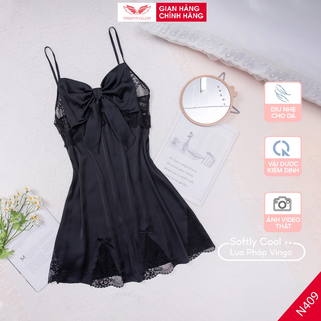 Váy ngủ 2 dây sexy lụa cao cấp mùa hè VINGO ngực phối ren tinh tế thiết kế đính nơ ngọt ngào màu đen N409 VNGO