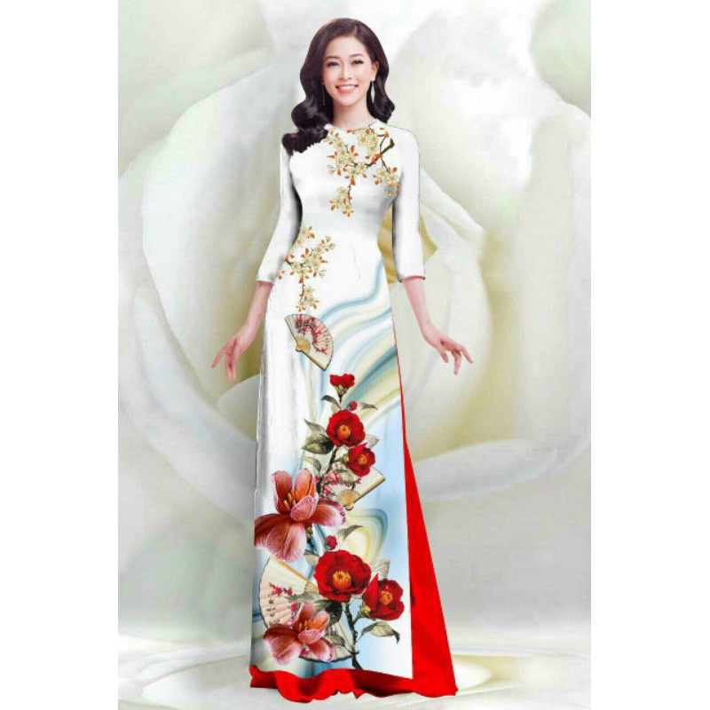 SÉT ÁO DÀI LỤA TRUYỀN THỐNG IN HOA SỨ QUẠT 4D