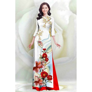 SÉT ÁO DÀI LỤA TRUYỀN THỐNG IN HOA SỨ QUẠT 4D