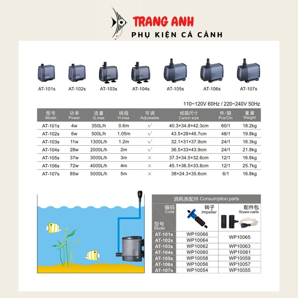 Máy bơm Atman AT-104S, AT-105S, AT-106S, AT-107S chạy êm, tiết kiệm điện năng dùng cho hồ cá cảnh, đủ công suất