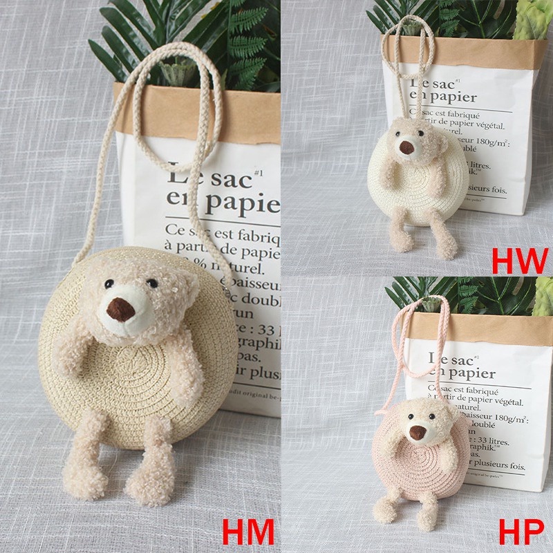 Túi Xách Tròn Đan Rơm Đính Nơ Họa Tiết Hoạt Hình Dễ Thương Cho Bé Gái