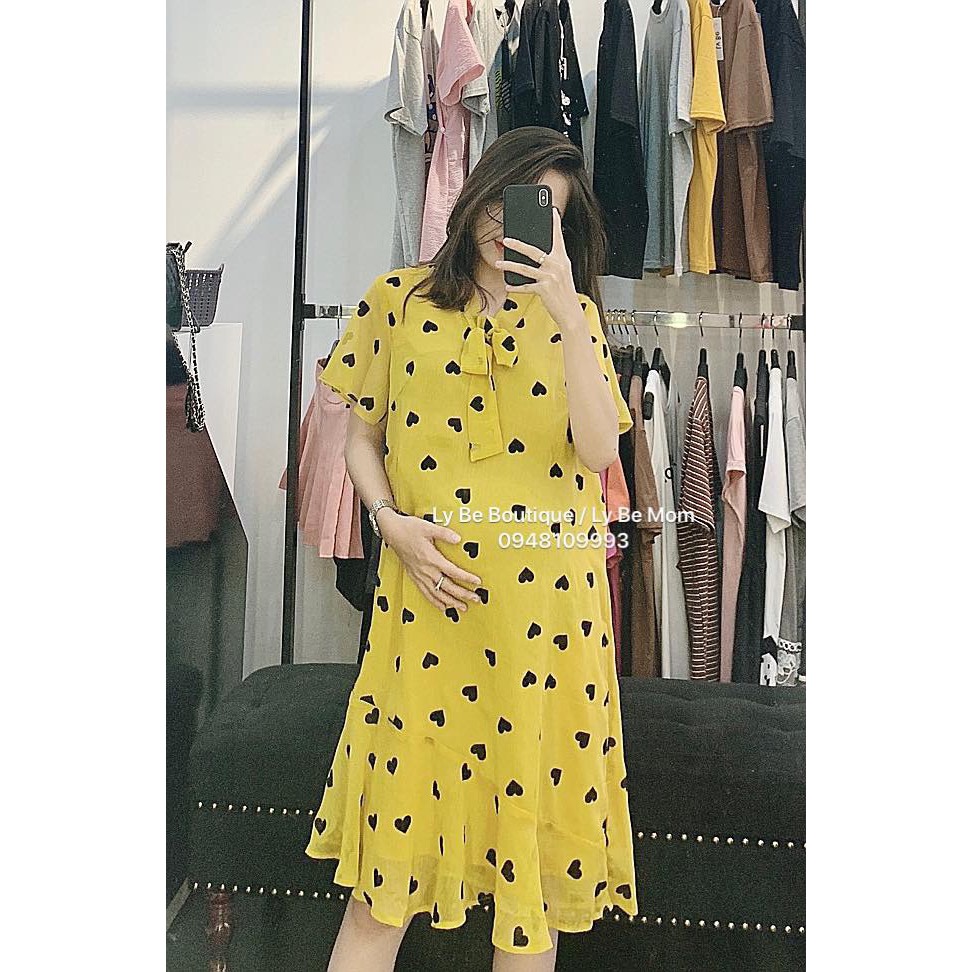 Đầm Bầu 🌸 FREESHIP 🌸 Đầm Bầu Váy Bầu Chất Hoa Lụa Có Nơ Cổ, Freesize từ 45 đến 70Kg