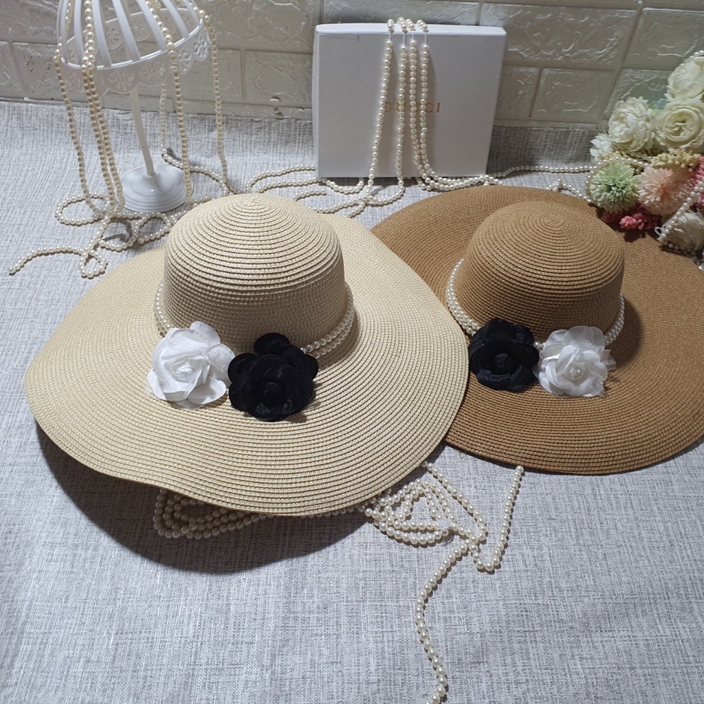 Mũ Cói thời trang đi biển Vành Rộng sang chảnh gắn hoa xinh