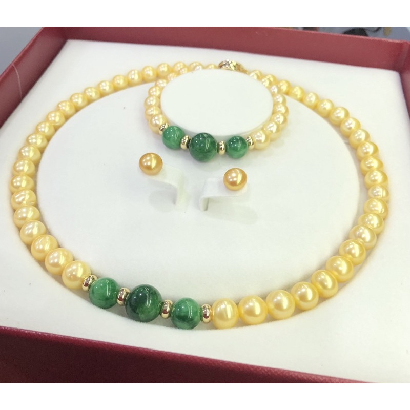 Bộ Trang Sức Hạt Ngọc Trai Vàng 9ly Mix Đá Xanh Sang Trọng Dự Tiệc, Quà Tặng - Ngọc Trai Trường Thịnh