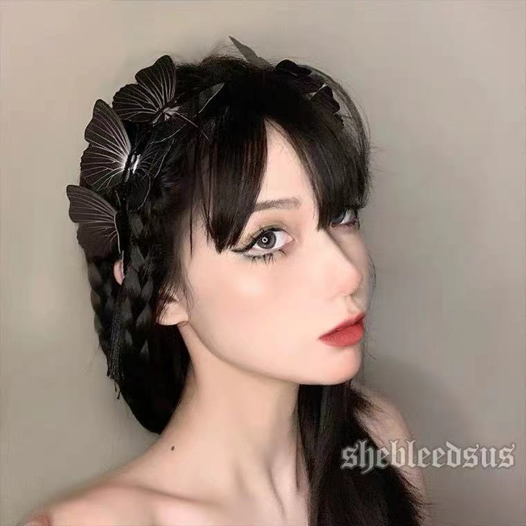 Cài Tóc Tua Rua Hình Bướm Màu Đen Phong Cách Gothic Cho Nữ băng đô