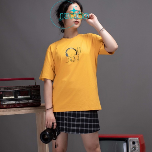 Áo thun màu vàng form unisex rộng in hình tai nghe ngộ nghĩnh áo phông đôi hot nhất năm nay cho các cặp đôi Jumbo