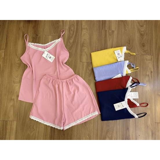 Đồ Ngủ Nữ 2 Dây Đũi - Áo 2 Dây Viền Diềm Màu Đỏ - Quần Đùi - Mút Ngực - Mặc Thoáng Mát - Không Nhăn Nhàu, Không Xổ Lông | BigBuy360 - bigbuy360.vn