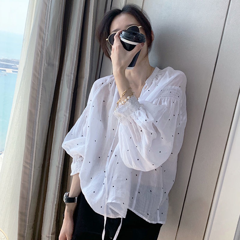 Áo Sơ Mi Tay Dài Cổ Chữ v Họa Tiết Chấm Bi Thời Trang Phong Cách Hàn Quốc Cho Nữ