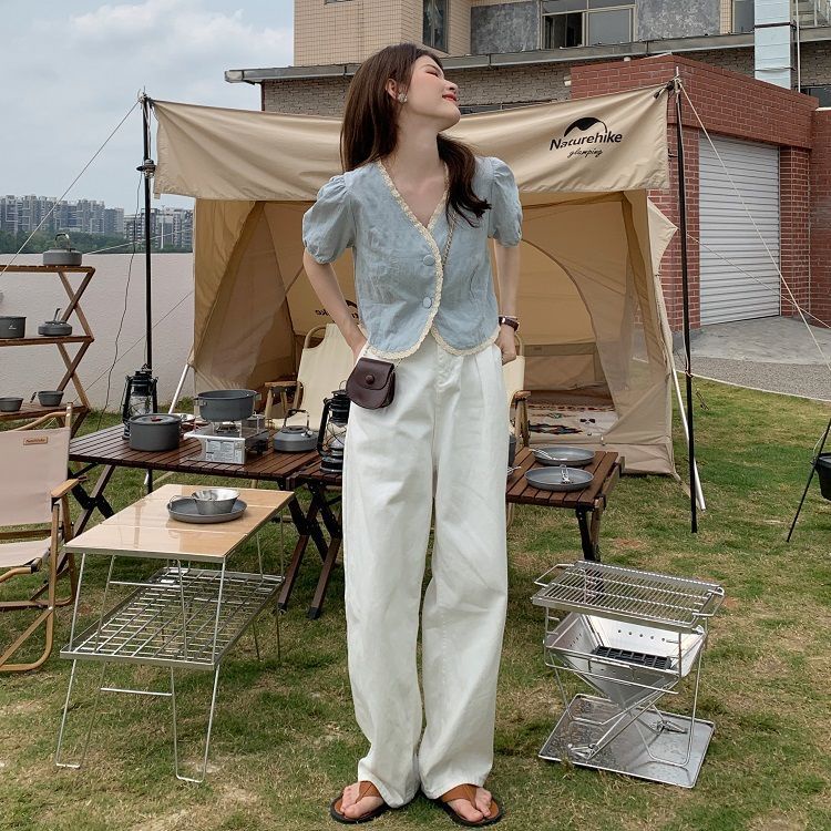 Áo Kiểu Tay Phồng Cổ Chữ V Phối Ren Phong Cách Pháp Mẫu Mới Thời Trang Mùa Hè Cho Nữ 2022