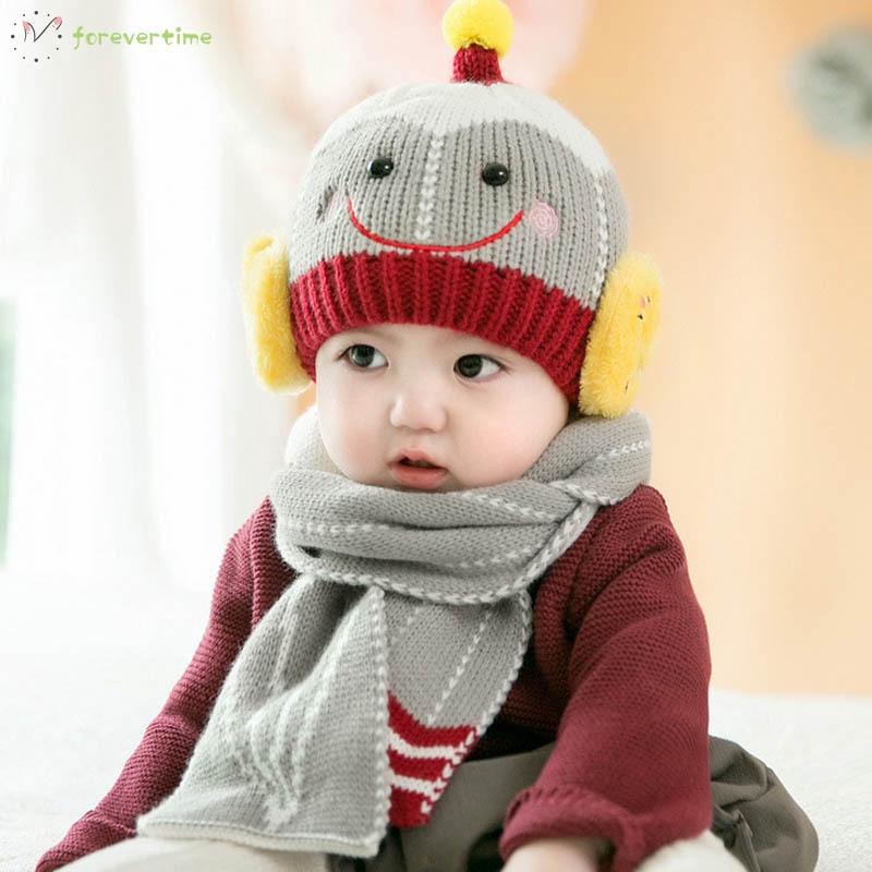 ☞mũ☜ Baby Boys Girls Knitted Hat + Scarf Smile Face Winter Warm Beanie Cap Hats Scarf Set