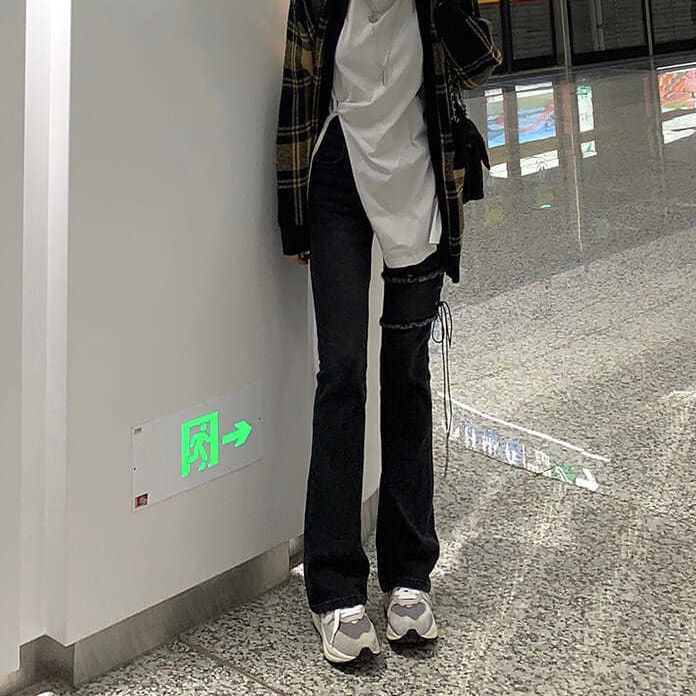 Jiashucheng Quần Jean Lưng Cao Dáng Ôm Cột Dây Thời Trang Đường Phố Mới Cho Nữ