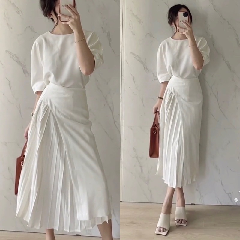 Set công sở chân váy dập ly đắp tà chéo + áo basic tay phồng cổ tròn