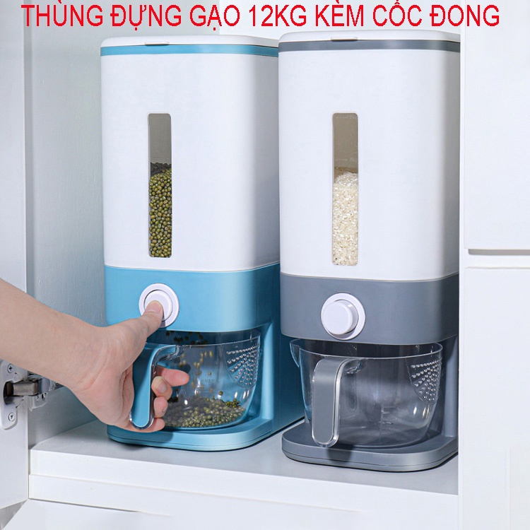 Thùng đựng gạo thông minh 12 kg nhựa cao cấp an toàn vệ sinh siêu kín chống ẩm mốc kèm cóc đong vo gạo