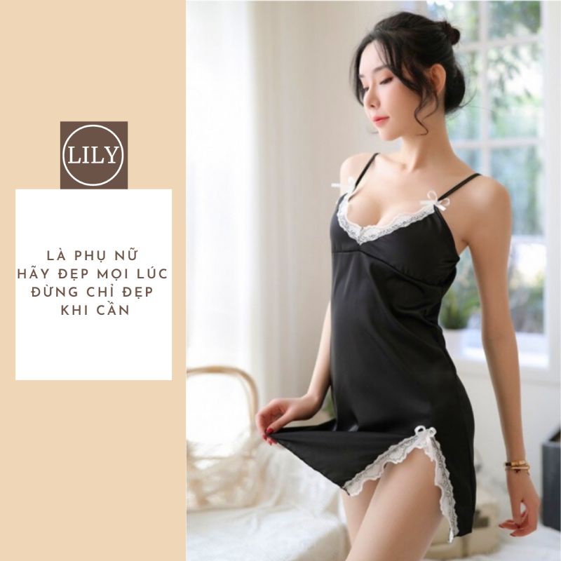 Váy đầm ngủ 2 dây sexy, đồ ngủ nữ gợi cảm, vải phi bóng hàng cao cấp, xẻ đùi đính nơ M13