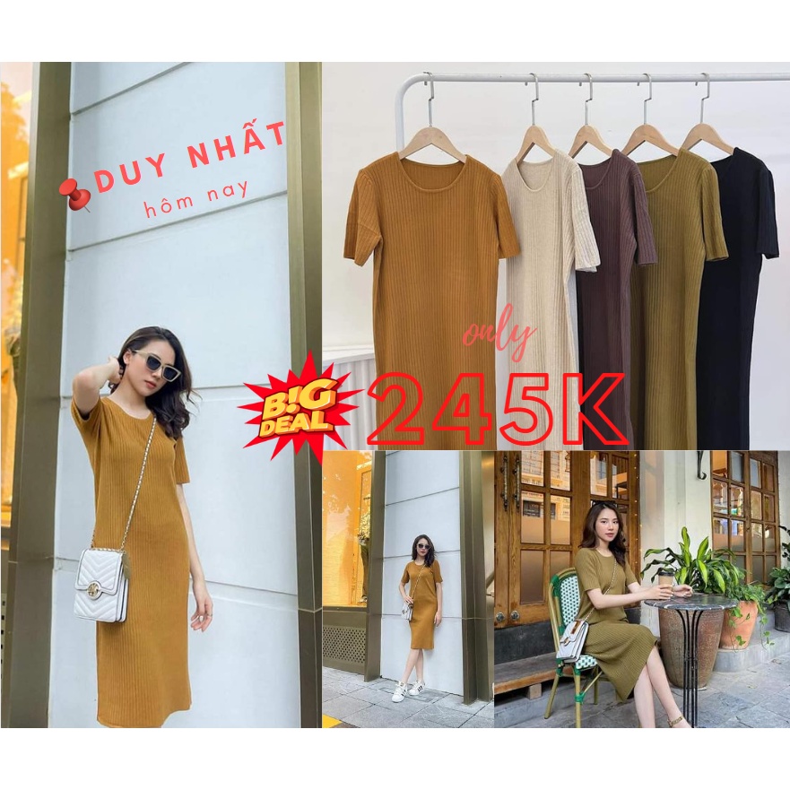 Váy len dáng dài cổ tròn cộc tay len tăm đũa phom suông co giãn 4 chiều hàng loại 1 dày dặn không bị bai nhão