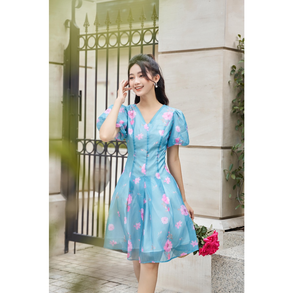 Váy tơ hoa cổ V tay bồng phong cách Hàn quốc chữ A thiết kế tiểu thư nhẹ nhàng màu xanh dương Pansy BlueYAME