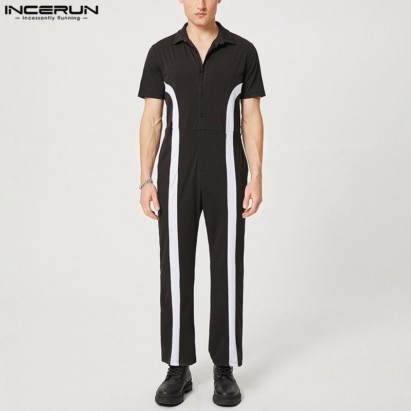 Áo liền quần INCERUN ngắn tay họa tiết kẻ sọc phong cách Anh Quốc thanh lịch cho nam