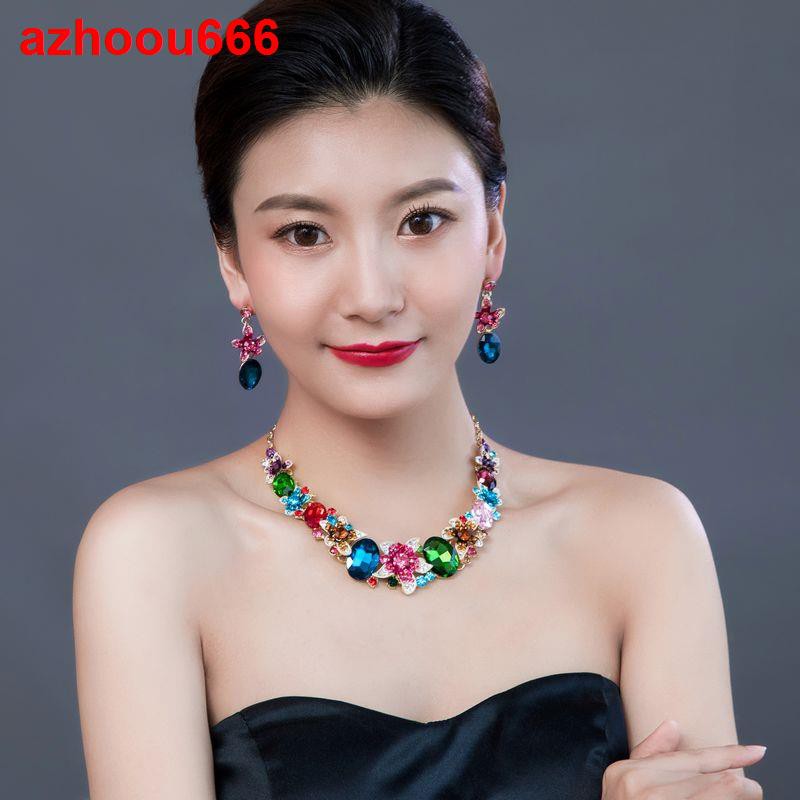 ☾✖№Thời trang Âu Mỹ sang trọng màu sắc chuỗi ngắn xương đòn vòng cổ hoa tai nữ phóng đại bộ phụ kiện phục dạ hội t