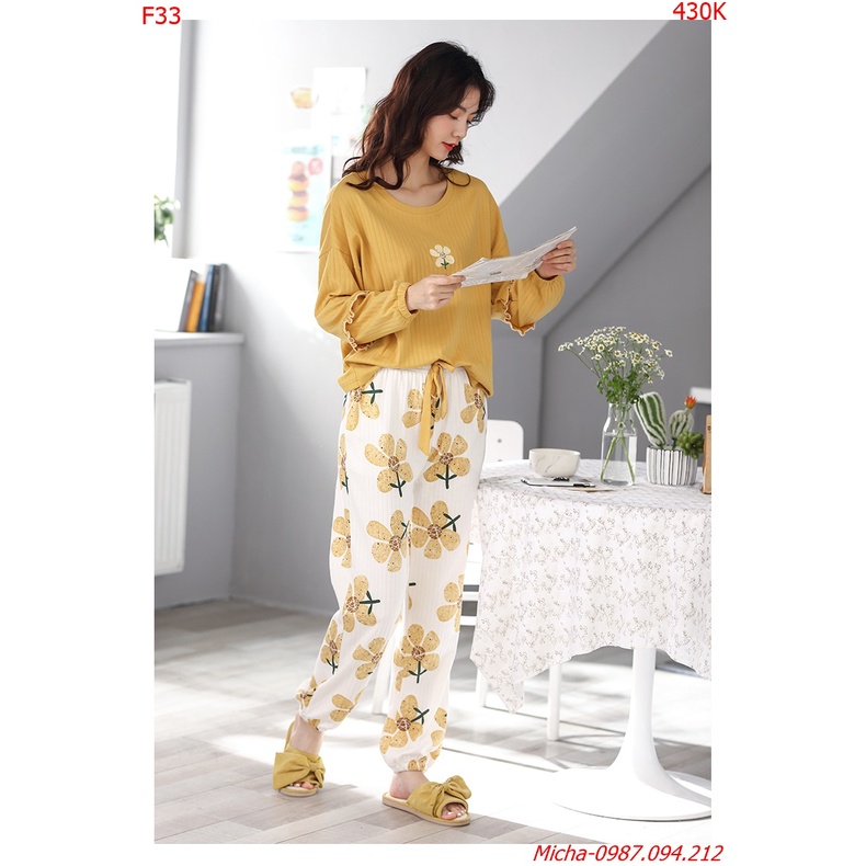 Bộ dài tay thun gân áo vàng quần hoa trắng - Micha F33