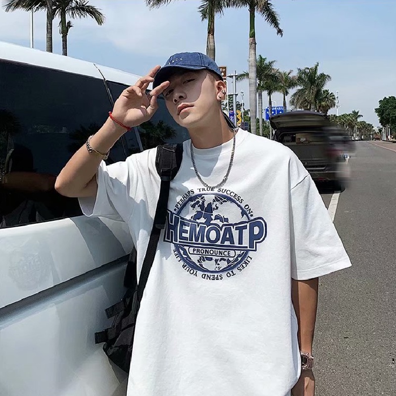Áo thun tay ngắn dáng rộng in chữ phong cách Hàn Quốc thời trang cho nam size M-5XL