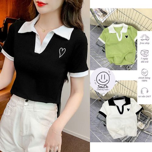 Áo Len Cổ Polo Thêu Hình Trái Tim Tay Ngắn | Smide Clothing