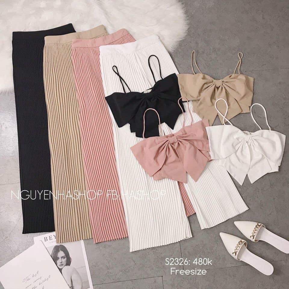 Set Áo Hai Dây Nơ Kết Hợp Cùng Quần Dập Li Sang Chảnh Thiết Kế Đơn Giản Tôn Dáng Cho Các Chị Em, Chất Vải Mềm Mát | BigBuy360 - bigbuy360.vn