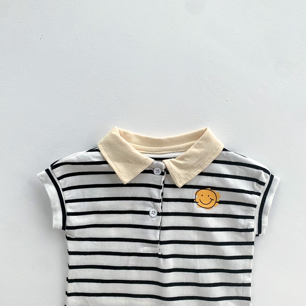 Bộ Áo Liền Quần Cổ Bẻ In Hình Mặt Cười Cho Bé Trai &amp; Gái Sơ Sinh