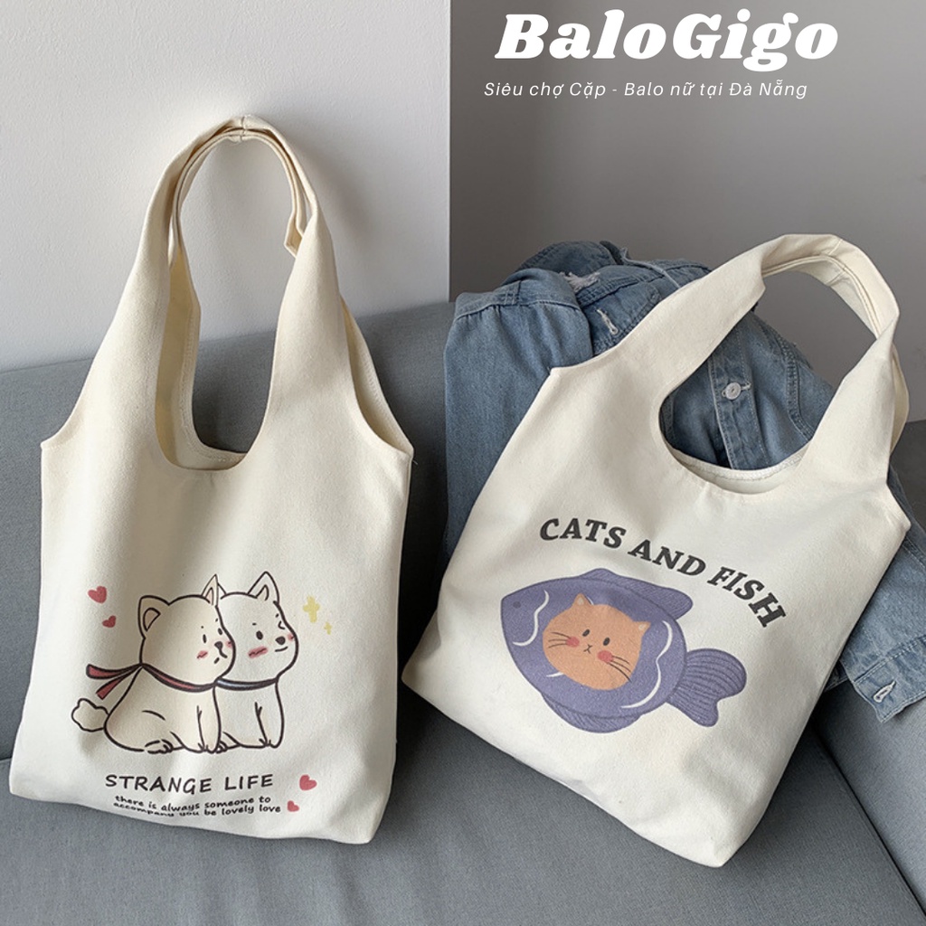 Túi Tote vải canvas có ngăn nhỏ bên trong 2 chú cún  TT80 - BaloGigo