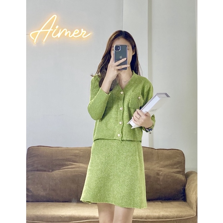 Set Áo Len Cardigan Khuy Đồng Kèm Chân Váy Len Freesize