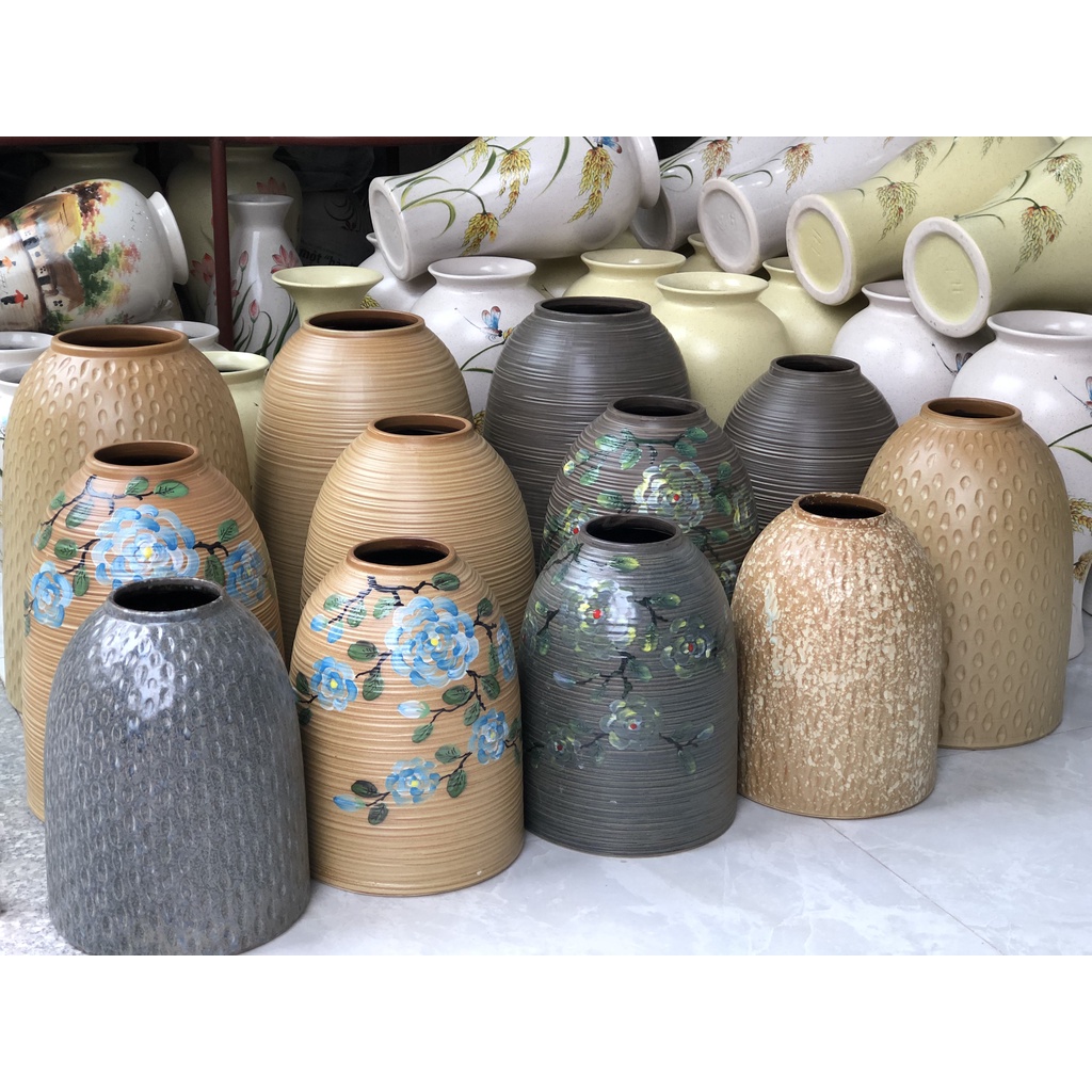 Bình hoa dáng chuông gốm sứ Bát Tràng cao cấp cắm hoa đào, ly, tuyết mai