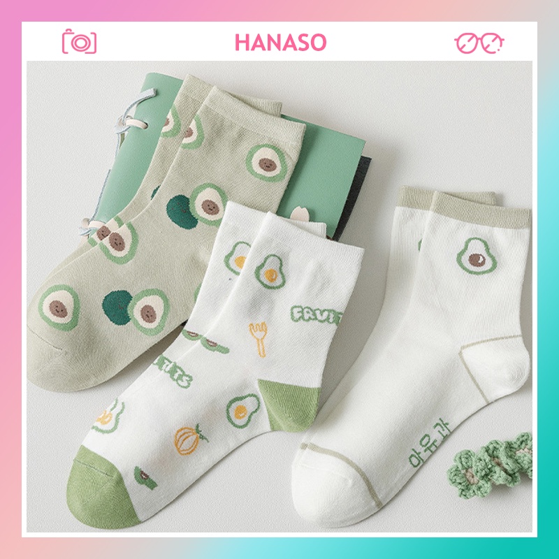 Tất vớ trắng nữ cổ cao thời trang HANASO bộ sưu tập trái bơ dễ thương chất cotton co giãn thoáng khí hợp mùa hè TD043