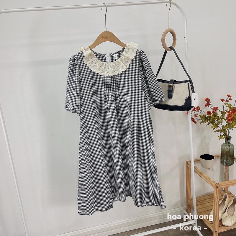 váy kẻ cổ ren 6986