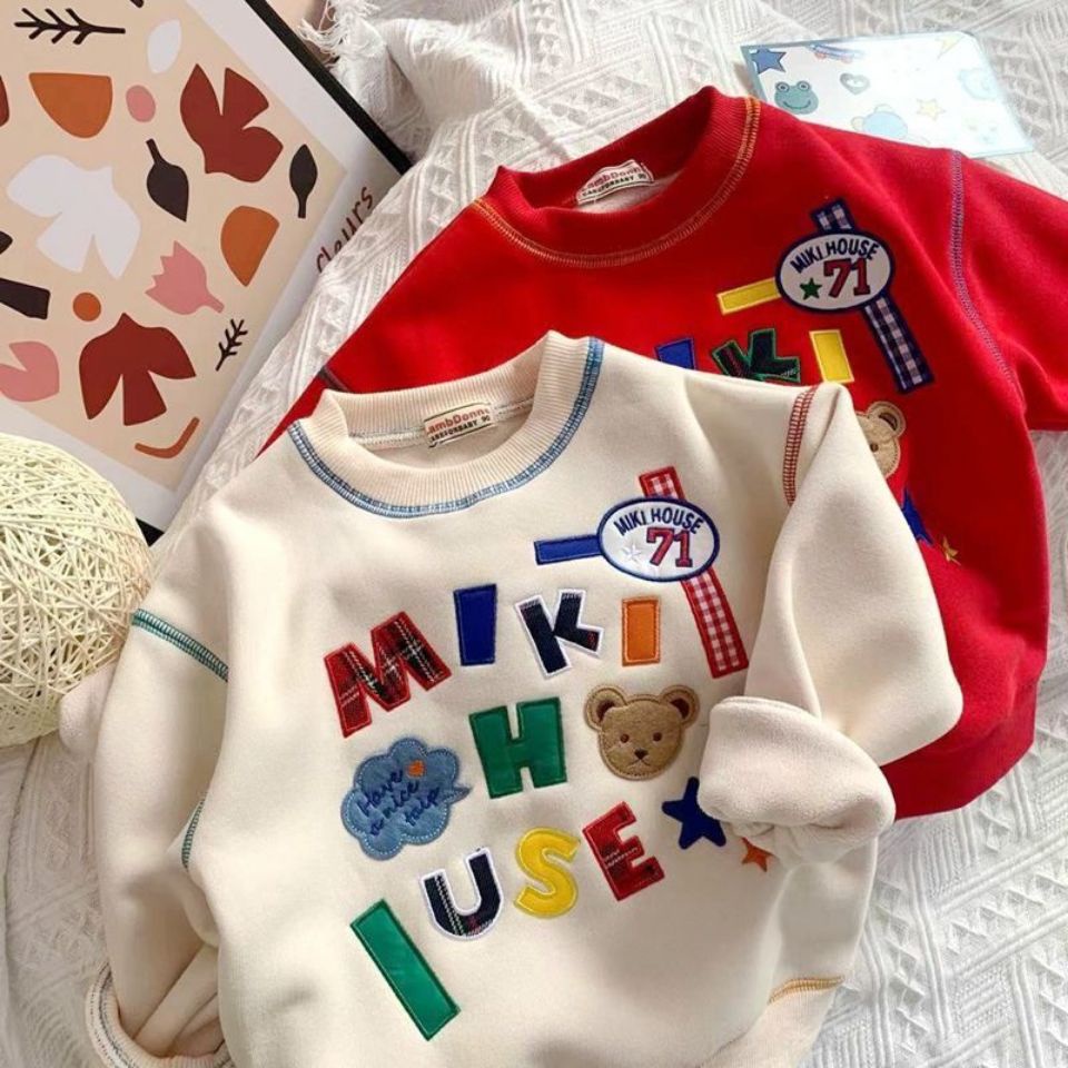 Áo hoodie thu đông dáng rộng một lớp thêu chữ phong cách Nhật Bản mới cho bé trai và bé gái
