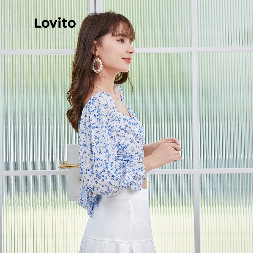 Áo kiểu Lovito L04146 dài tay màu trắng họa tiết hoa nhí dáng ôm vừa vặn có dây thắt sau lưng | BigBuy360 - bigbuy360.vn