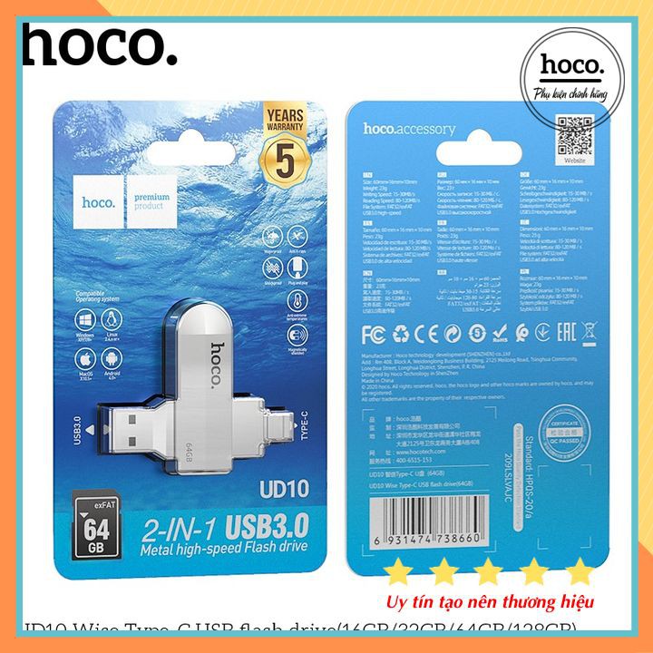 USB 2 Đầu ( USB + TYPE-C ) 3.0 Hợp Kim Kẽm 16/32/64GB Tích Hợp Hoco UD8/ Hoco UD10 - Chính Hãng