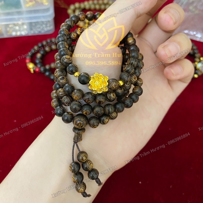 Chuỗi Trầm Hương Sánh Chìm 108 hạt mix charm Hoa Sen vàng - 6mm &amp; 8mm - Vòng tay Nam Nữ - Vòng gỗ tự nhiên