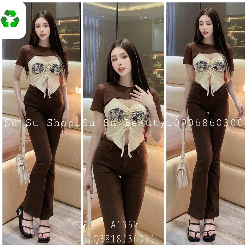 Áo kiểu tay ngắn khoét ngực rút dây giữa in hình cô gái 2 bên ngực cực xinh , chất thun gân mềm mịn