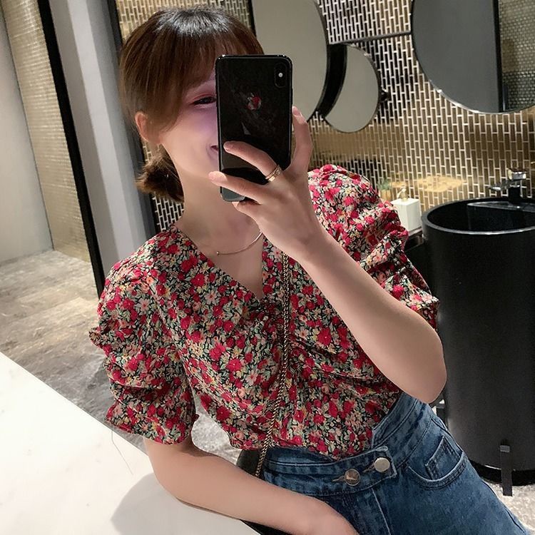 Áo Sơ Mi Chiffon Tay Ngắn Phồng Cổ Chữ V Họa Tiết Hoa Thời Trang Mùa Hè Phong Cách Hàn Quốc Mới Dành Cho Nữ