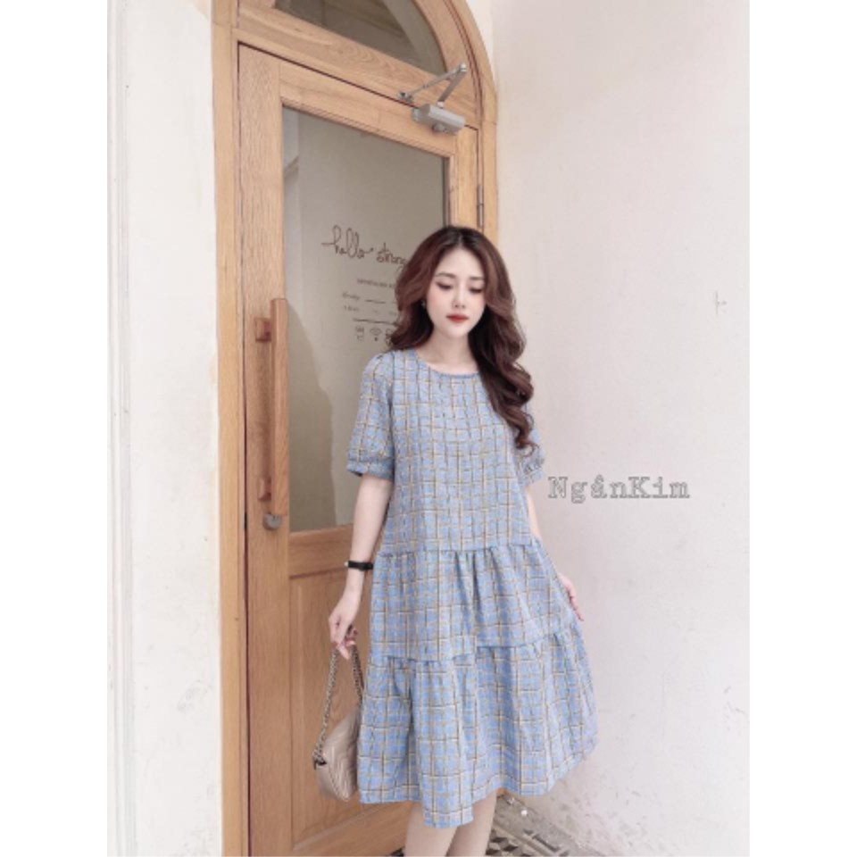Váy bầu kẻ karo - Đầm bầu caro thiết kế dáng baby doll