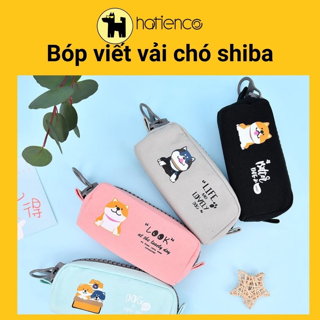 Bóp viết, hộp bút vải chú chó Shiba dây kéo to zipper