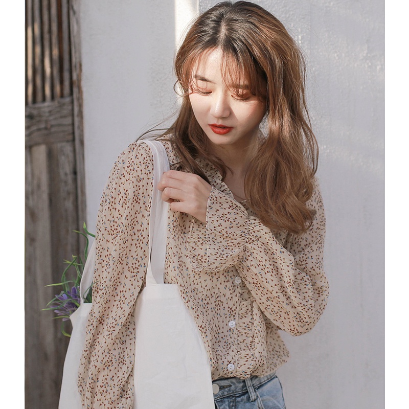 Áo sơ mi chiffon tay dài in họa tiết hoa phong cách retro thời trang
