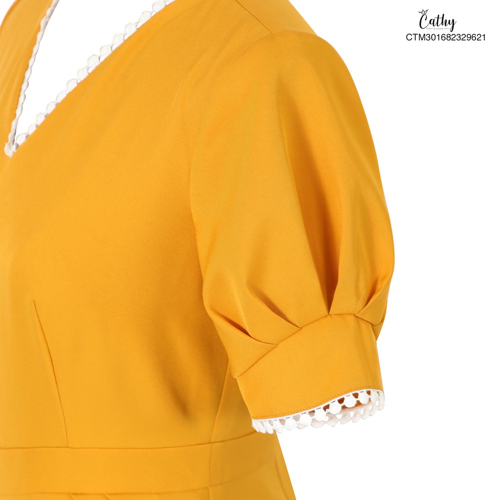 Đầm bút chì Cathy Clans bút chì viền ren trắng - vàng đậm | BigBuy360 - bigbuy360.vn