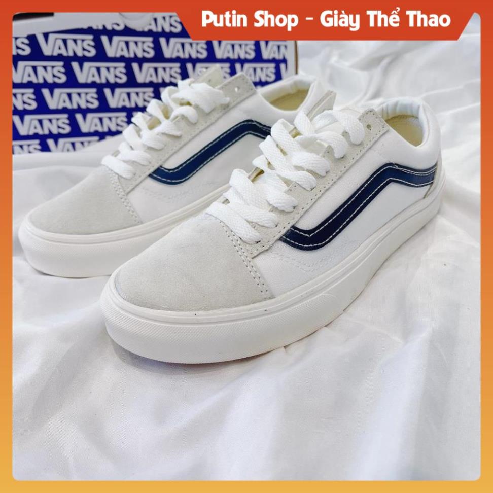 Giày Thể Thao Nam Nữ Van Trắng Da Lộn, Giầy Vans trắng sửa sọc đỏ tím than full bill box